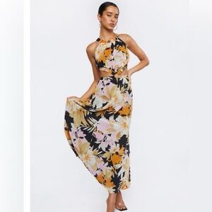 Black Floral Maxi Dress with Pink and Mustard Accents